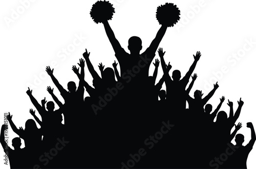 Black silhouette of cheering crowd with cheerleaders holding pom-poms, sport fans celebration concept