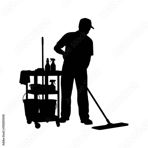 Janitor with Cleaning Cart and Mop.