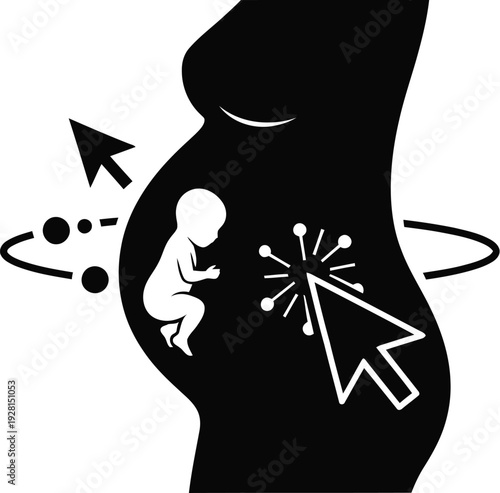 Pregnant woman silhouette with baby, rotating arrows and click cursor, medical or science concept illustration