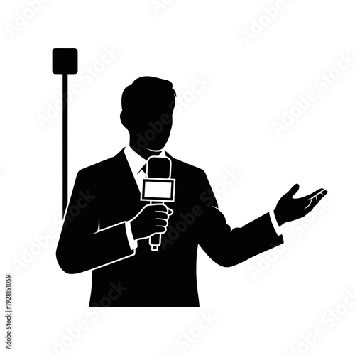 Male News Anchor Holding Microphone and Speaking.