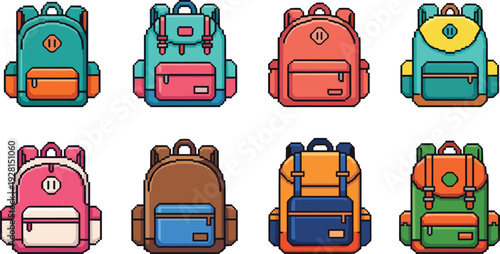 Colorful school backpack vector collection with cute student bags for education, travel, and back to school design