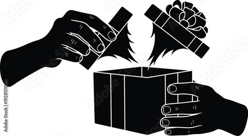 Two hands opening a gift box with a decorative bow, black and white silhouette illustration