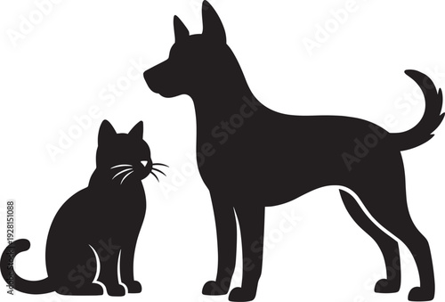 Black silhouette illustration of domestic cat sitting and dog standing face-to-face, minimalistic pet design concept for animal companionship, veterinary care, and stock imagery use.