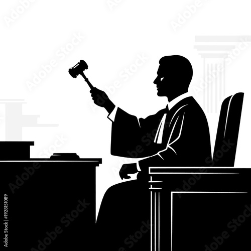 Judge Holding Gavel in Courtroom Silhouette.