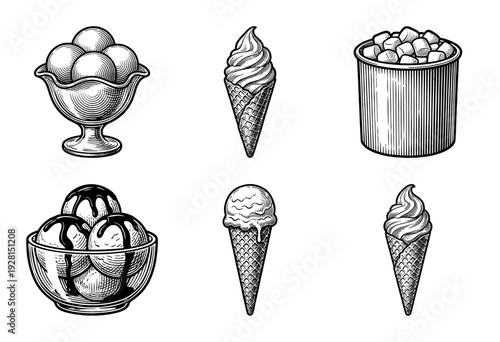 Vintage hand drawn engraving style ice cream collection featuring cones scoops and sundae desserts in detailed monochrome line art.
