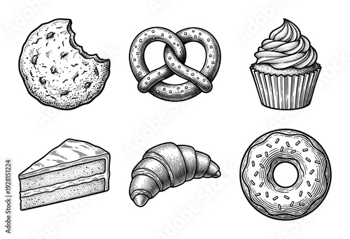 Set of hand drawn vintage style bakery and pastry illustrations including cookies, pretzels, cupcakes, cake slices, croissants, and donuts in black and white.