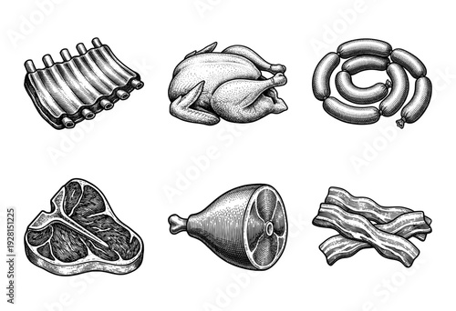 Vintage hand drawn engraving of assorted meat cuts including ribs poultry sausage steak ham and bacon