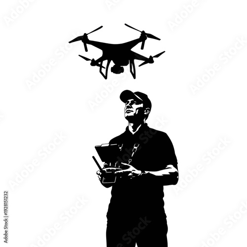 Man Operating Drone with Remote Control.