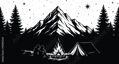 Night camping in mountains with campfire and tent, cad drawing flat vector illustration, couple sitting by fire under starry sky