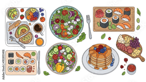 High-quality black outline colorful art of healthy meal prep flat lay with quinoa, grilled vegetables and salmon portions