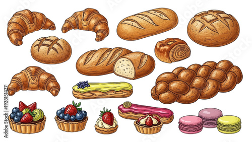 High-quality black outline colorful illustration of fresh bakery items with croissants, artisan bread and assorted pastries, aesthetic arrangement