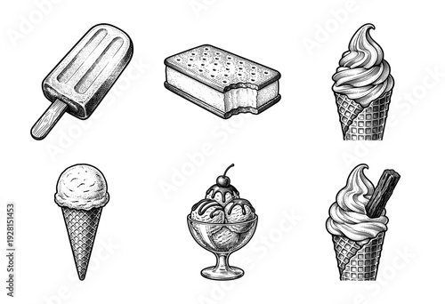Set of monochrome ice cream and frozen dessert illustrations in a vintage woodcut engraving style including cones sandwiches and popsicles.