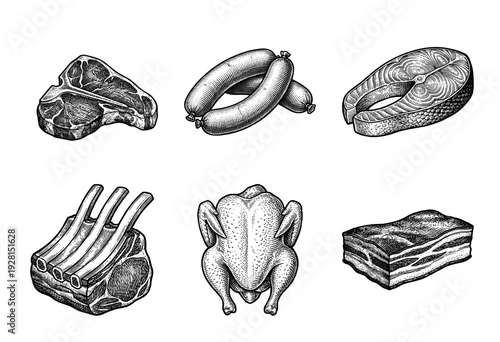 Vintage woodcut style collection of meat and seafood products featuring steak sausages fish fillet ribs chicken and pork belly