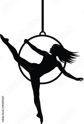 Aerial hoop gymnast silhouette, elegant female acrobat performing lyra pose, black vector illustration isolated on white background