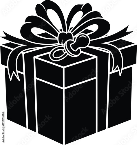Gift box with ribbon and bow with baby pacifier on top isolated black silhouette