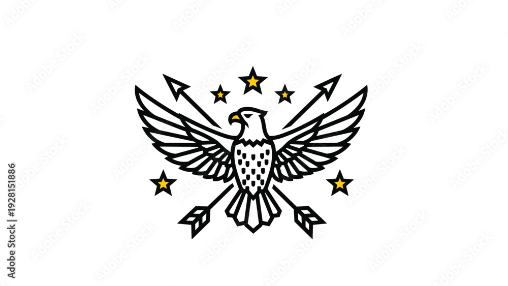 Obraz premium Symbolic eagle emblem with outstretched wings, crossed arrows, and yellow stars, designed for military, government, or patriotic heraldry logos.