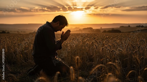 A man kneels and prays in a wheat field during sunset, surrounded by golden crops and a serene rural landscape.