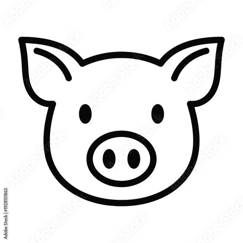 Minimalist stylized black outline pig head illustration featuring bold symmetrical curves and expressive eyes for playful farm animal branding and educational materials
