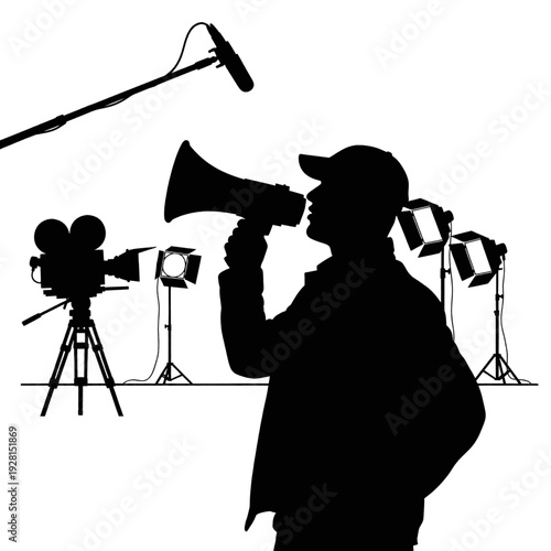 Man Speaking into Megaphone with Studio Lights.
