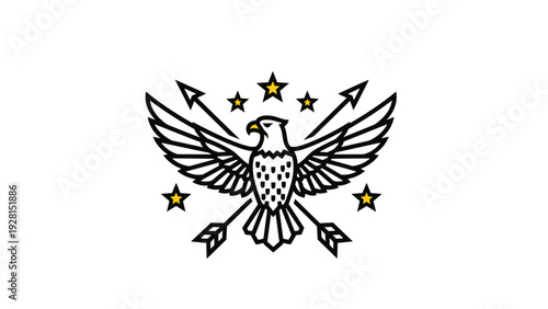 Symbolic eagle emblem with outstretched wings, crossed arrows, and yellow stars, designed for military, government, or patriotic heraldry logos.