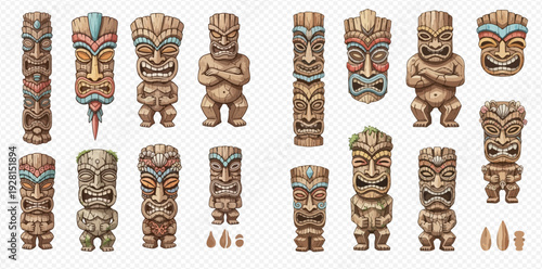 Set of ancient Hawaiian and Polynesian tiki masks and totems on a transparent background.