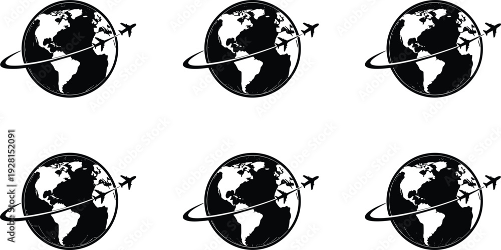 Obraz premium Airplane flying around globe icon set, world travel aviation concept black silhouette vector illustration collection
