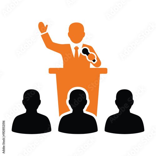 Professional speaker confidently addressing an attentive audience during a corporate presentation with dynamic hand gesture and microphone setup