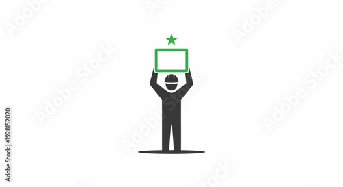 Man holding a green outlined rectangle.