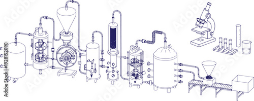 Pharma Manufacturing Factory Line Art Vector Showing Pharmaceutical Machines, Laboratory Instruments, Drug Production Process, Medical Industry Automation and Chemical Engineering System