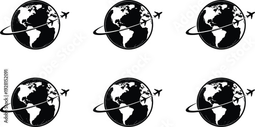 Airplane flying around globe icon set, world travel aviation concept black silhouette vector illustration collection
