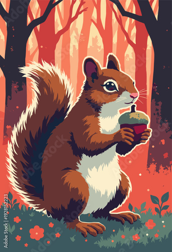 squirrel clutching acorn, illustrated tight, tense linework background is dizzying geometric pattern trees color scheme is sepia red Room copy