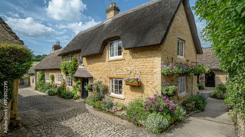 A peaceful Cotswold village with a row of thatched cottages, cobblestone streets, and flower boxes.