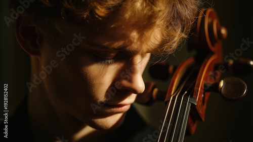 A young man deeply focused while playing a cello, illuminated by warm light that highlights his intense expression and the instrument