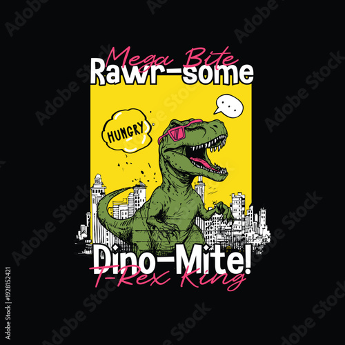 t-rex king mega bite roar urban dinosaur vector illustration