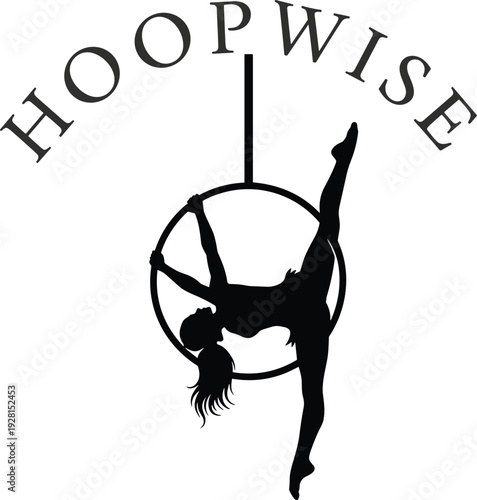 Aerial hoop silhouette gymnast, elegant circus performer in lyra pose, black vector logo design isolated on white background