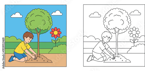 Educational Coloring Page for Kids Featuring a Young Boy Planting a Tree in a Garden with Color Reference and Black and White Line Art for Earth Day and Environment Education