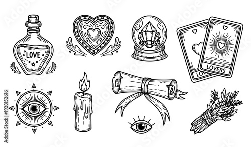 Retro Love Potion and Witchcraft Charm Vector Outline Illustration Set