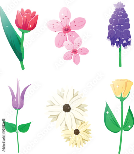 Beautiful assorted garden flowers in flat style for creative posters vector