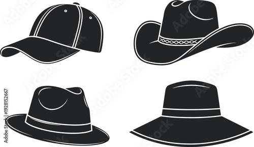 Black silhouette illustration of four different hat styles including baseball cap, cowboy hat, fedora, and wide‑brim sun hat, representing fashion, culture, and headwear design.b