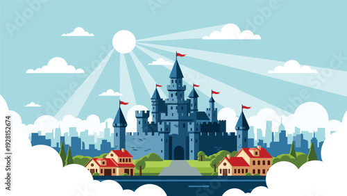 Magnificent blue castle with many towers and red flags, surrounded by small houses and green trees under a bright sun with radiating rays.