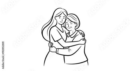 Simple line drawing of a mother embracing her young son.