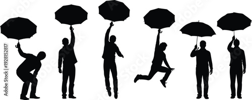 Set of people silhouettes holding umbrellas in various poses isolated on white background for weather, rain and concept design
