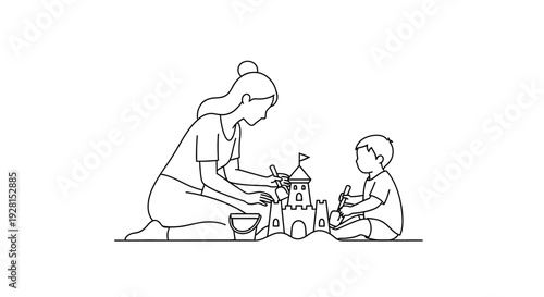 Mother and child building sandcastle together on the beach.