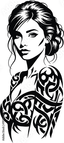 Woman with tribal tattoo art vector illustration of female portrait showing intricate black patterns on shoulders and back with elegant hair style.