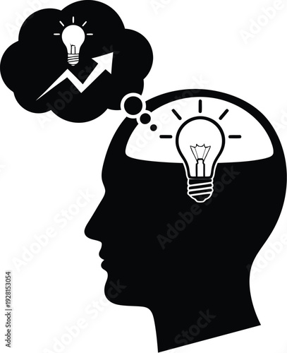 Human head with light bulb thought bubble for creative ideas and growth