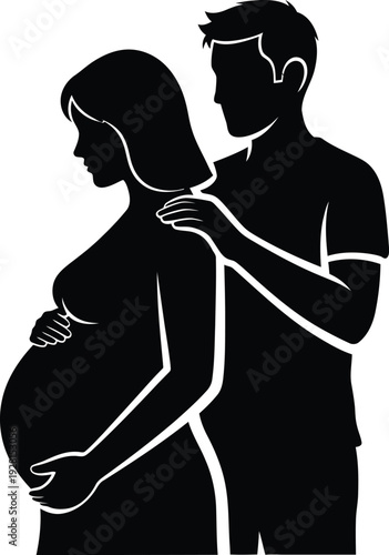 Silhouette of pregnant woman and partner standing together