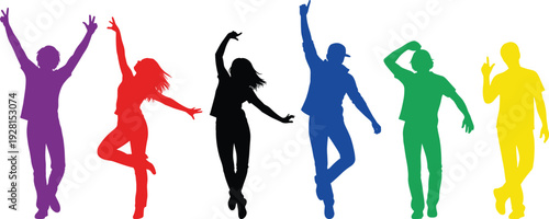 Colorful dancing people silhouettes in dynamic poses representing celebration, music, movement and youthful energy isolated on white background
