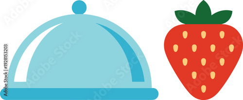 Detailed realistic cloche and strawberry vector illustration blue serving dome revealing fresh berry premium gourmet art isolated on white