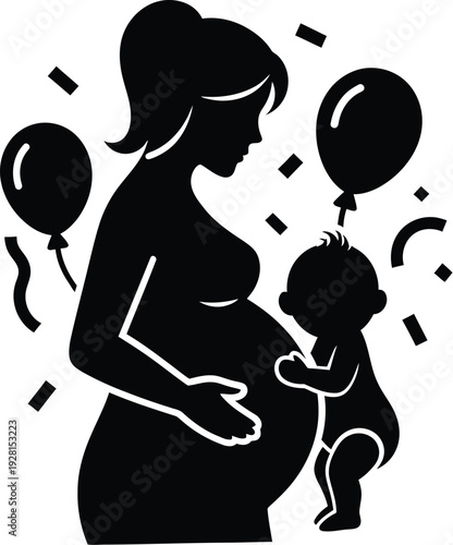 Pregnant woman silhouette with baby and balloons, baby shower or gender reveal party concept