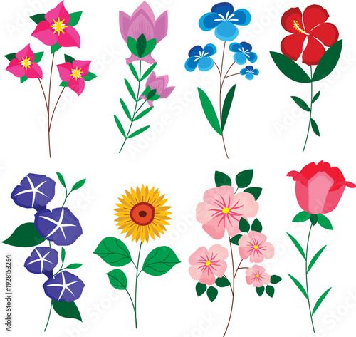 Elegant spring blossoms with artistic leaf details and colorful petals vector